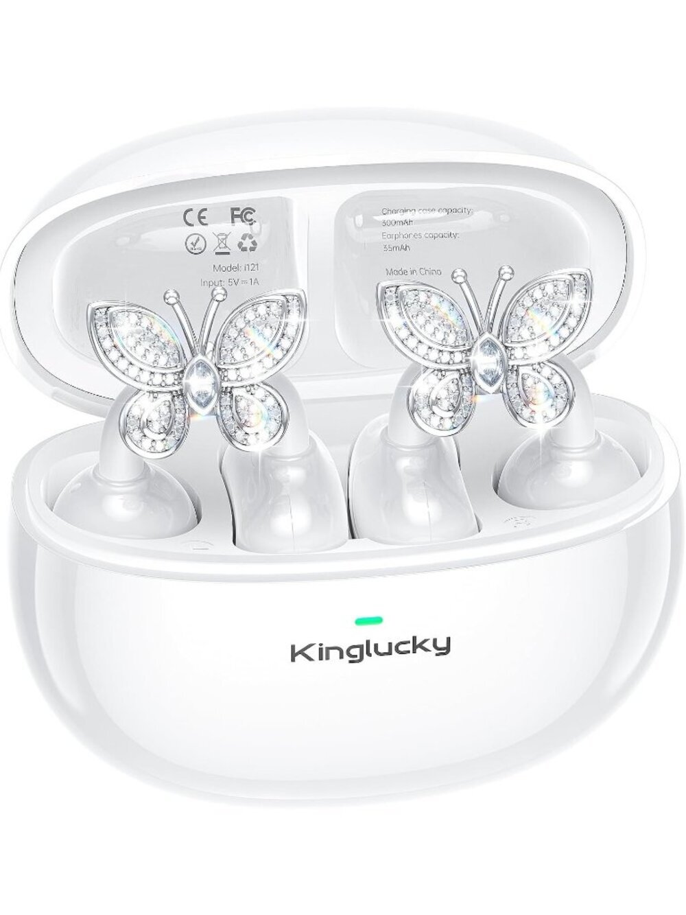 Wireless White Clip-On Detachable Butterfly Earrings 40H Bluetooth 6.0 Earbud